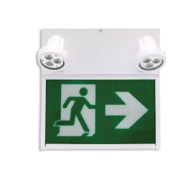 BEGHELLI SL-RM-6-36-L-U-0LR-M-2SR-5WLED Exit Sign and Battery Unit 2 Heads Running Man 20 ga Steel 6 V, White