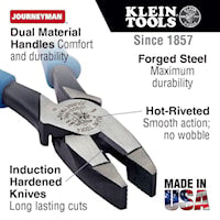 KLEIN TOOLS J2000-9NE Journeyman Side Cutting Plier New England 1.594 in L x 1-1/4 in W x 5/8 in T Jaw Black Oxide