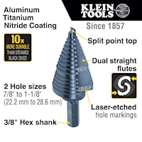 KLEIN TOOLS KTSB11 Step Drill Bit 7/8 in 1-1/8 in