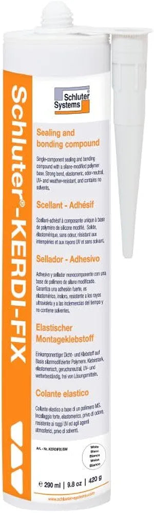 Schluter Kerdi-Fix Sealant and Bonding Compound with Silane-Modified Polymer Base - Ideal for Wood, Stone, Concrete, Metal, Glass, And Many Plastics - Odor-Neutral, Bright White, 9.81 oz - KERDIFIX/BW
