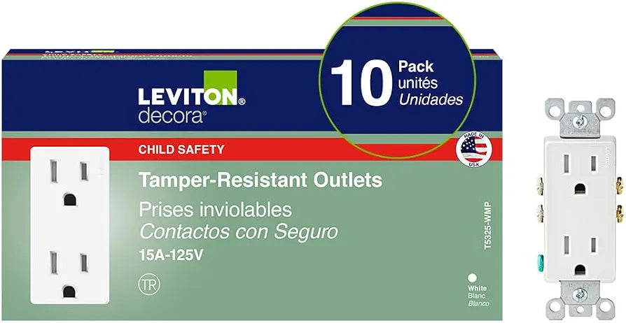 Leviton Decora, 10-Pack, 15 Amp, Tamper-Resistant Duplex Wall Receptacle, T5325-WMP, White