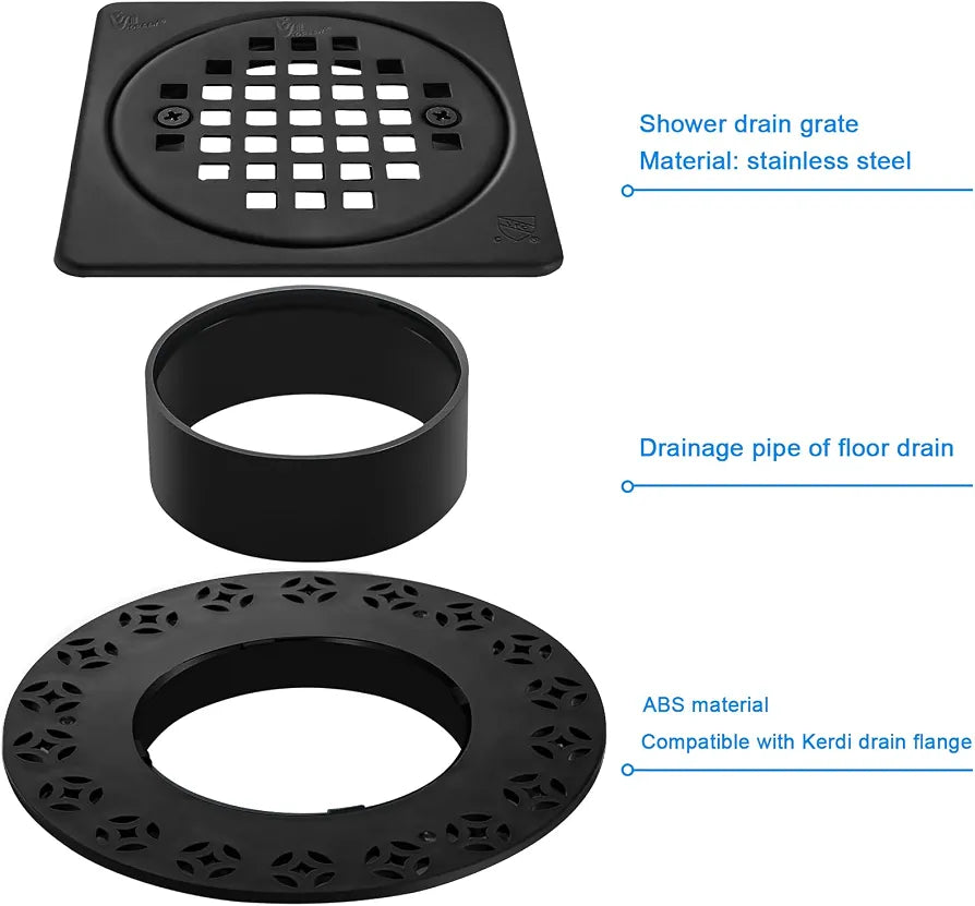 4 Inch Drain Grate Kit Compatible with Schluter Kerdi-Drain Flange Square Shower Floor Drain SS304 Stainless Steel and ABS Material - CUPC Certification, Matte Black
