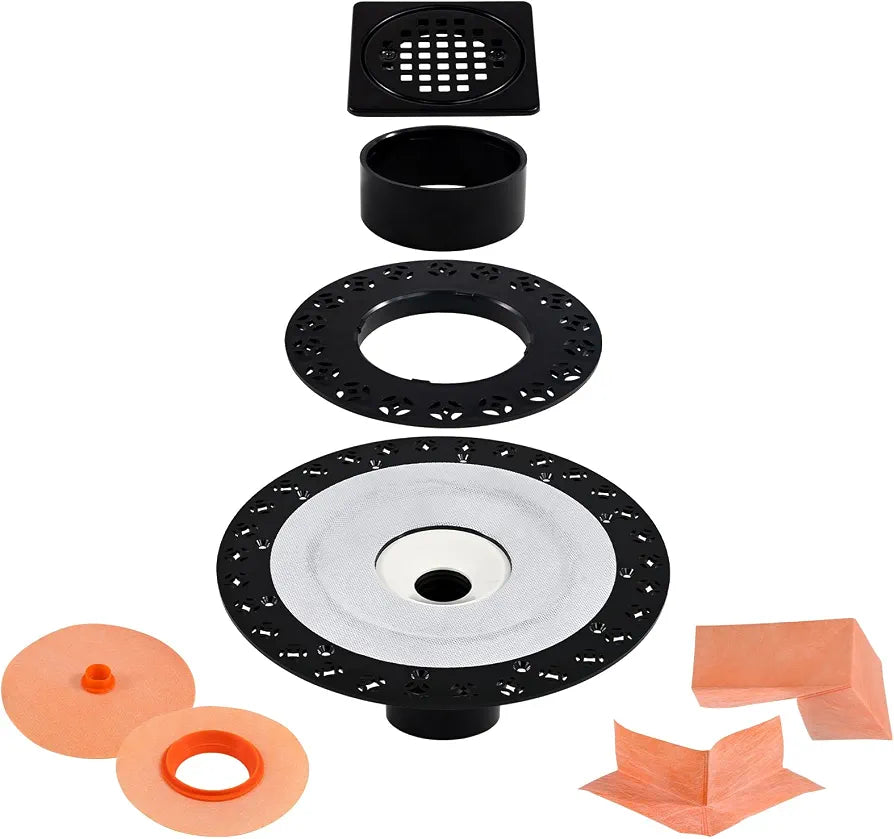 4 Inch Shower Drain Flange Kit Compatible with Schluter Kerdi Systems Shower Drain with Flange, Shower Floor Drain Kit, 304 Stainless Steel Grate & 2" ABS Flanges, Matte Black