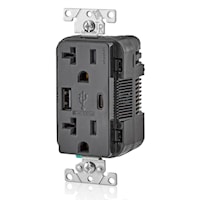 LEVITON T5833-E Decora® Wall Outlet Charger with 20 A Tamper-Resistant Receptacle 20 A, 125 VAC, Black
