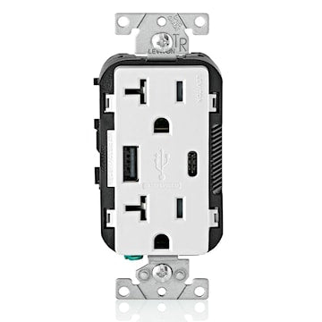 LEVITON T5833-W Decora® Combination Duplex Receptacle/Outlet and USB Charger 20 A, 125 VAC, White