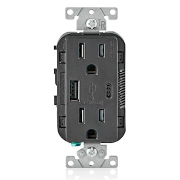 LEVITON T5633-E Decora® Combination Duplex Receptacle and Type A/Type C USB Charger 15 A, 125 VAC, Black