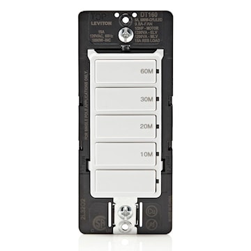 LEVITON DT160-1LW Decora In-Wall 60-Minute Countdown Timer Switch, 15A, ½ HP/9.8A Fan/Motor,