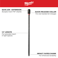 MILWAUKEE 48-28-1020 Quik-Lok™ Drill Bit Extension Hex 1/4 in Drive, 12 in L