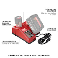 MILWAUKEE 48-59-1812 M12™, M18™ Battery Charger Multi-Voltage, M12 and M18 Series 120 VAC,
