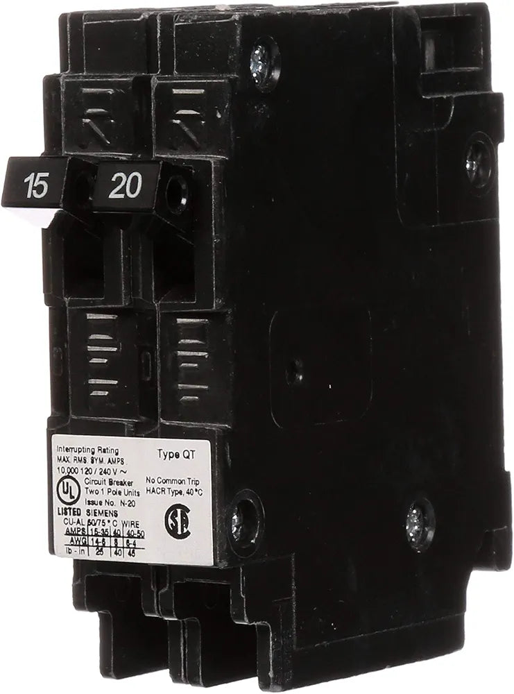 Siemens Q1520NC One 15-Amp and One 20-Amp Single Pole 120V Non-Current Limiting Circuit Breaker