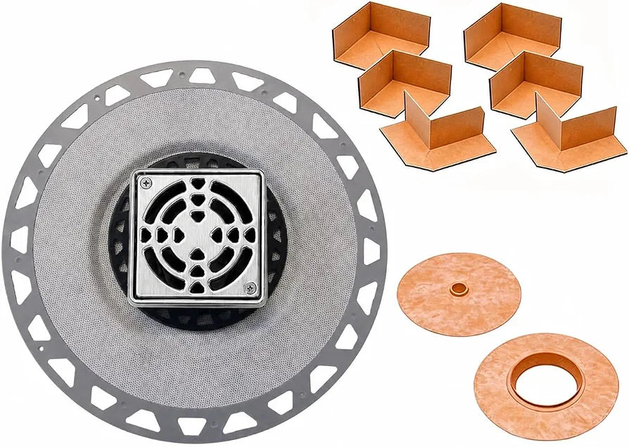 Shower Drain Kit for Schluter Kerdi System, PVC Bonding Flange with Waterproofing, 4" Stainless Steel Square Grate, 2" Outlet for Tiled Shower Bathroom Renovation