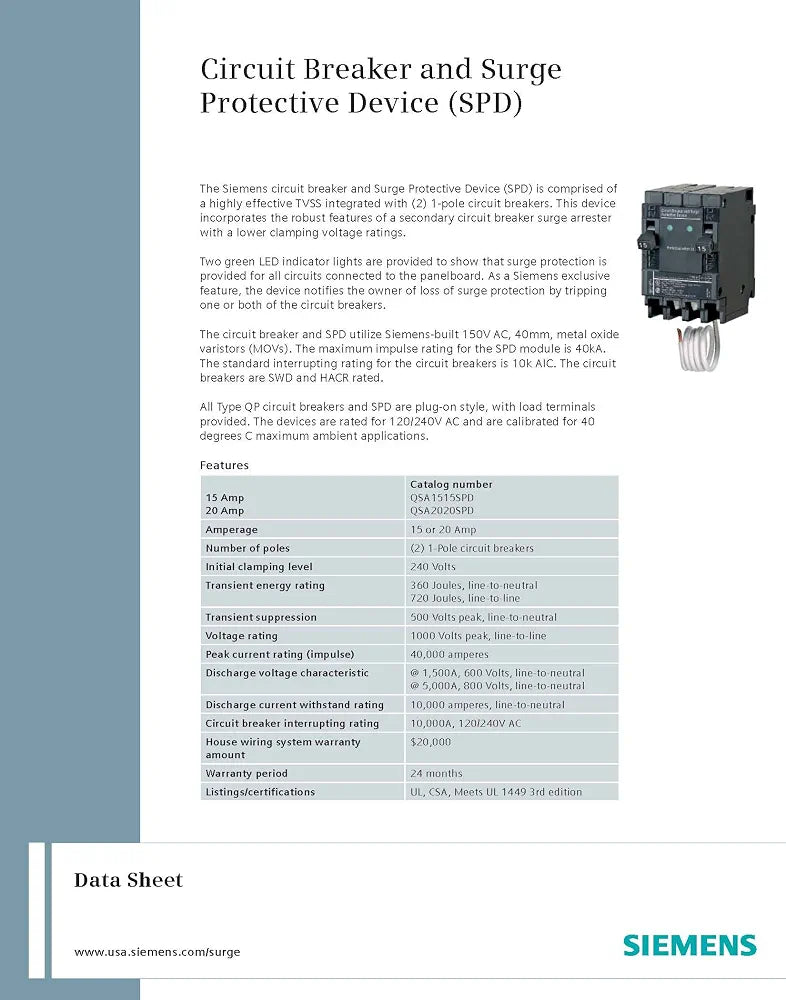Siemens QSA1515SPD Whole House Surge Protection with Two 15-Amp Circuit Breakers for Use Only on Siemens Panels