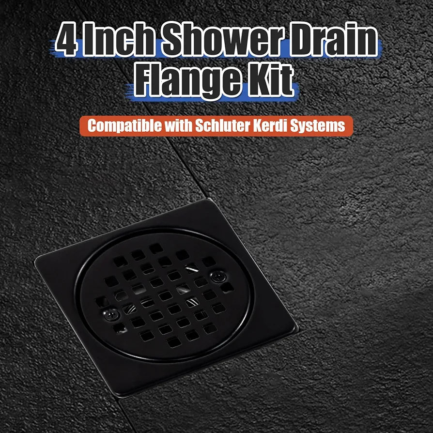 4 Inch Shower Drain Flange Kit Compatible with Schluter Kerdi Systems Shower Drain with Flange, Shower Floor Drain Kit, 304 Stainless Steel Grate & 2" ABS Flanges, Matte Black