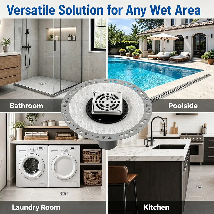 Shower Drain Kit for Schluter Kerdi System, PVC Bonding Flange with Waterproofing, 4" Stainless Steel Square Grate, 2" Outlet for Tiled Shower Bathroom Renovation