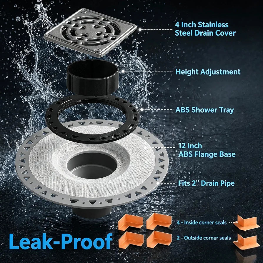 Shower Drain Kit for Schluter Kerdi System, PVC Bonding Flange with Waterproofing, 4" Stainless Steel Square Grate, 2" Outlet for Tiled Shower Bathroom Renovation