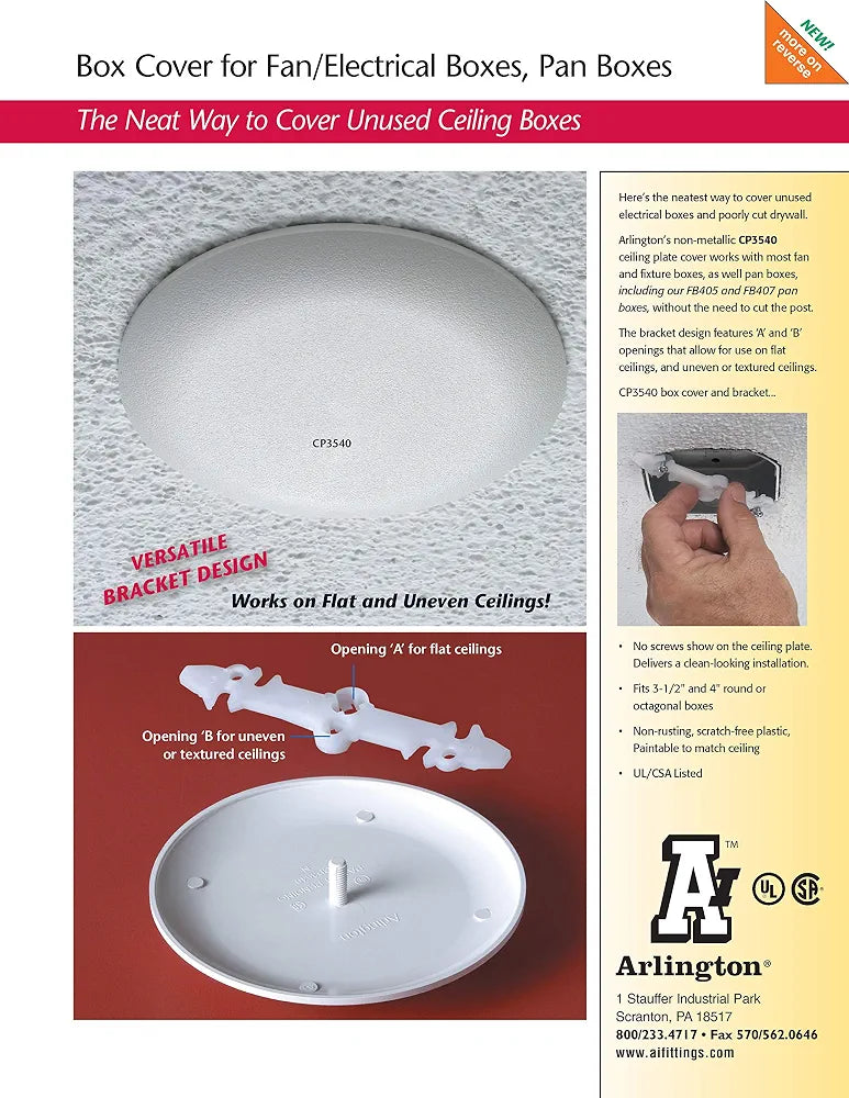 Arlington Industries Arlington CP3540-1C Ceiling Cover Plate for 3-1/2" & 4" Boxes, Paintable, 1 Pack White