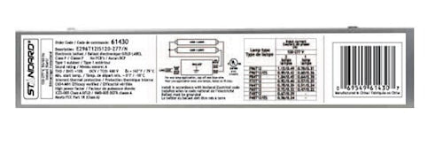 STANDARD PRODUCTS 61430 Gold Label Fluorescent Ballast Electronic Instant Start 30 - 75 W T12 Fluorescent Lamps 120 - 277 V,