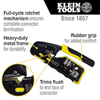 KLEIN TOOLS VDV226-110 Ratcheting Pass-Thru™ Modular Crimper 28-22 AWG Paired Yellow/Black