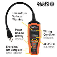 KLEIN TOOLS RT310 AFCI/GFCI Electrical Battery Operated Outlet Tester AFCI/GFCI Electrical Battery Operated Outlet Tester 120 VAC,