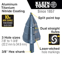 KLEIN TOOLS KTSB15 Step Drill Bit 7/8 in 1-3/8 in