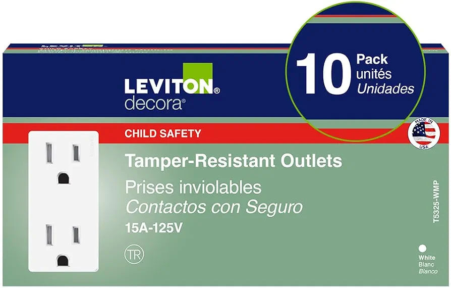Leviton Decora, 10-Pack, 15 Amp, Tamper-Resistant Duplex Wall Receptacle, T5325-WMP, White