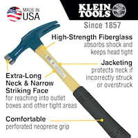 KLEIN TOOLS 807-18 Claw Hammer 18 oz Drop Forged and Tempered Steel Fiberglass Handle