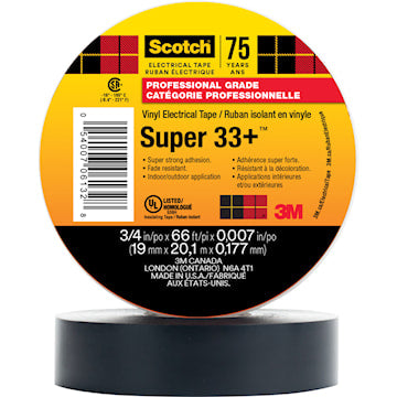 3M CANADA SUPER33+ 3/4X66 Scotch® Vinyl Insulating Tape 66 ft Lx 3/4 in W Vinyl Black