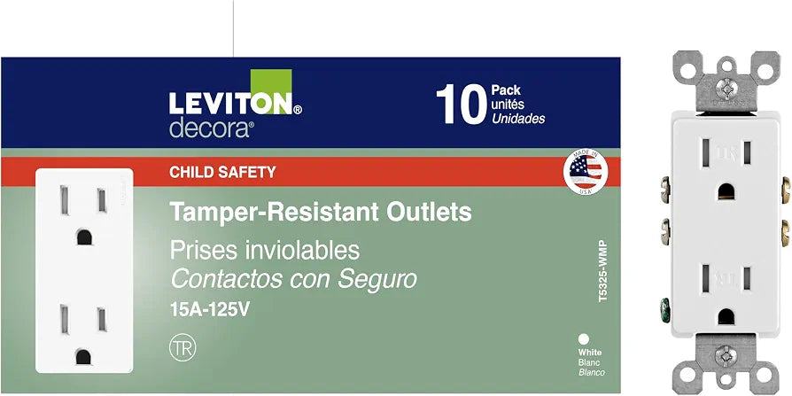 Leviton Decora, 10-Pack, 15 Amp, Tamper-Resistant Duplex Wall Receptacle, T5325-WMP, White