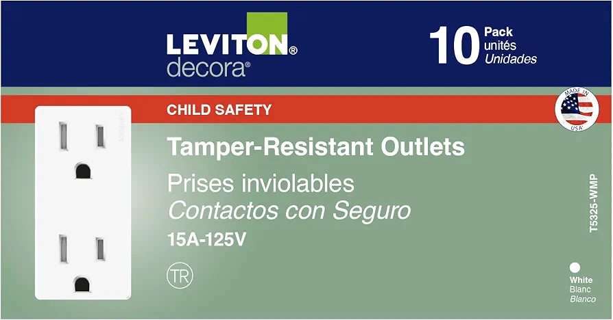 Leviton Decora, 10-Pack, 15 Amp, Tamper-Resistant Duplex Wall Receptacle, T5325-WMP, White