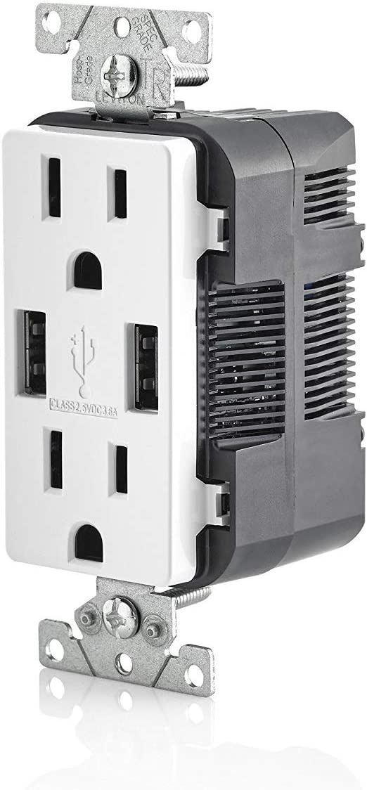 Leviton T5632-W 15-Amp USB Charger/Tamper Resistant Duplex Receptacle, White