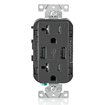 LEVITON T5832-E Decora® Combination Duplex Receptacle and USB Charger 20 A, 125 V, Black