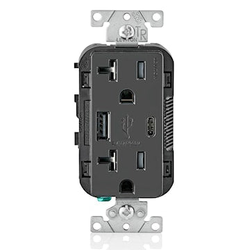 LEVITON T5833-E Decora® Wall Outlet Charger with 20 A Tamper-Resistant Receptacle 20 A, 125 VAC, Black