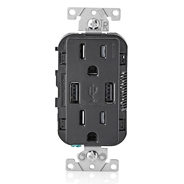 LEVITON T5632-E Combination Duplex Receptacle and USB Charger 125 V, Black/Matte