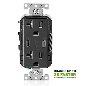 LEVITON T5835-E 30W (6A) USB Dual Type-C/C Power Delivery Wall Outlet Charger with 20A