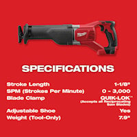 MILWAUKEE 2621-20 M18™, Sawzall® Reciprocating Saw 18 VDC, 1/2 in Blade