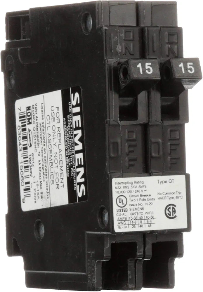 Siemens Q1515NC Two 15-Amp Single Pole 120-Volt Non-Current Limiting Circuit Breaker