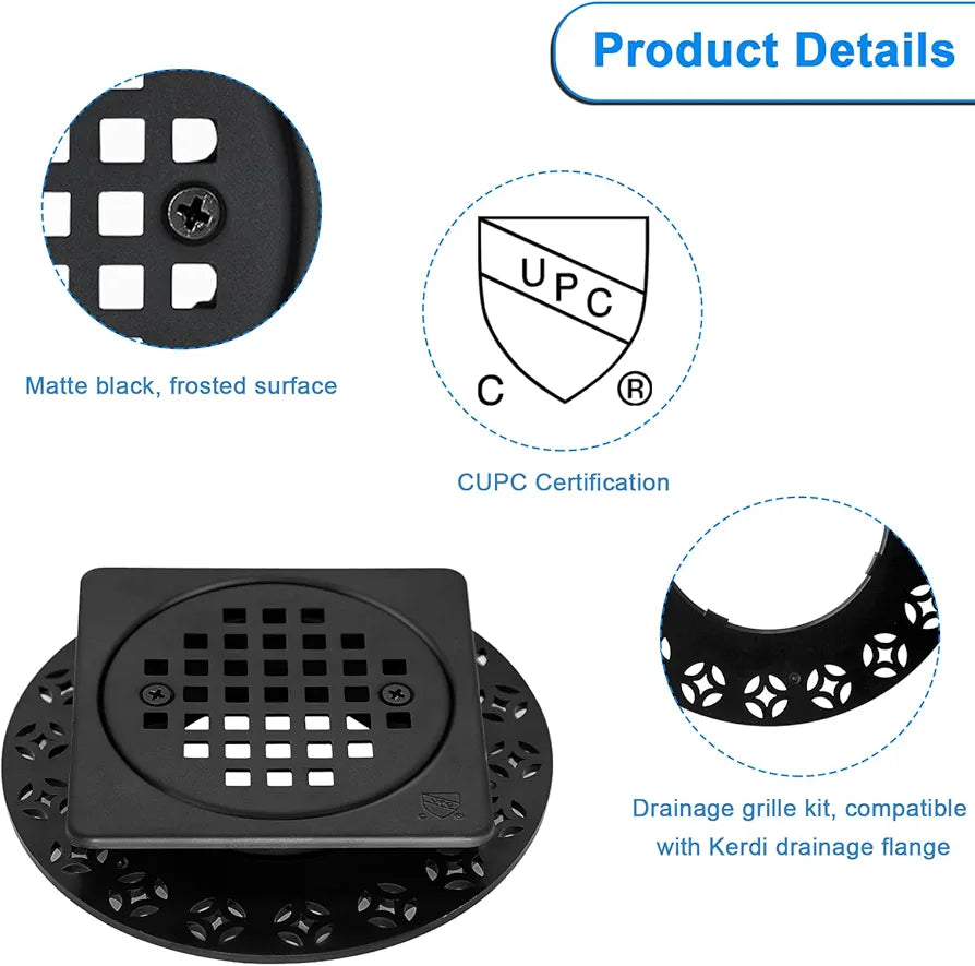 4 Inch Drain Grate Kit Compatible with Schluter Kerdi-Drain Flange Square Shower Floor Drain SS304 Stainless Steel and ABS Material - CUPC Certification, Matte Black