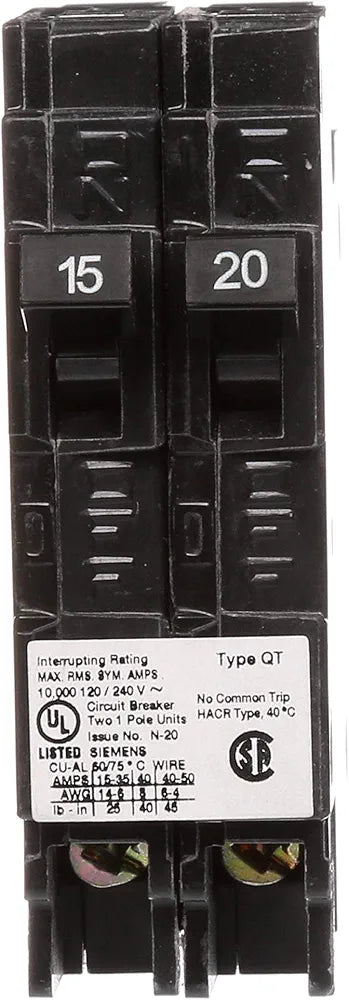 Siemens Q1520NC One 15-Amp and One 20-Amp Single Pole 120V Non-Current Limiting Circuit Breaker