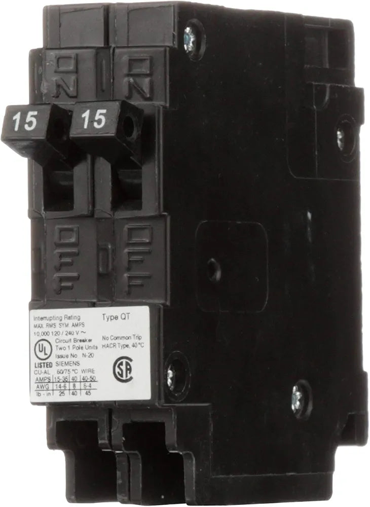 Siemens Q1515NC Two 15-Amp Single Pole 120-Volt Non-Current Limiting Circuit Breaker