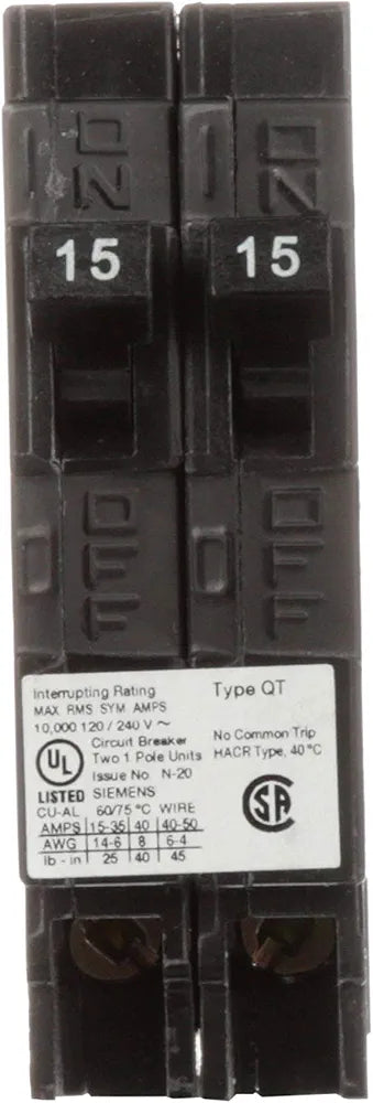 Siemens Q1515NC Two 15-Amp Single Pole 120-Volt Non-Current Limiting Circuit Breaker