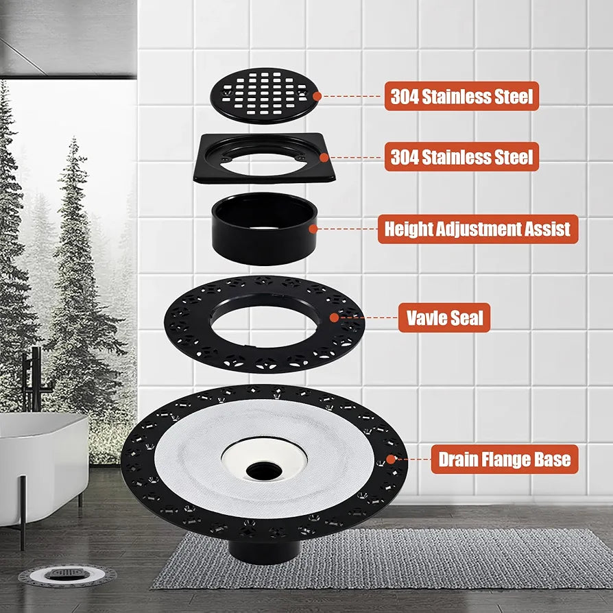 4 Inch Shower Drain Flange Kit Compatible with Schluter Kerdi Systems Shower Drain with Flange, Shower Floor Drain Kit, 304 Stainless Steel Grate & 2" ABS Flanges, Matte Black