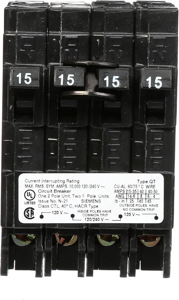 Siemens Q21515CT Double Two 15-Amp Single Pole Circuit Breaker, Color