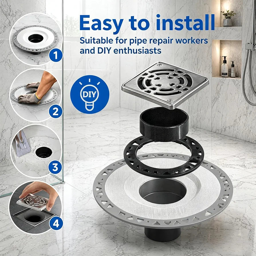 Shower Drain Kit for Schluter Kerdi System, PVC Bonding Flange with Waterproofing, 4" Stainless Steel Square Grate, 2" Outlet for Tiled Shower Bathroom Renovation