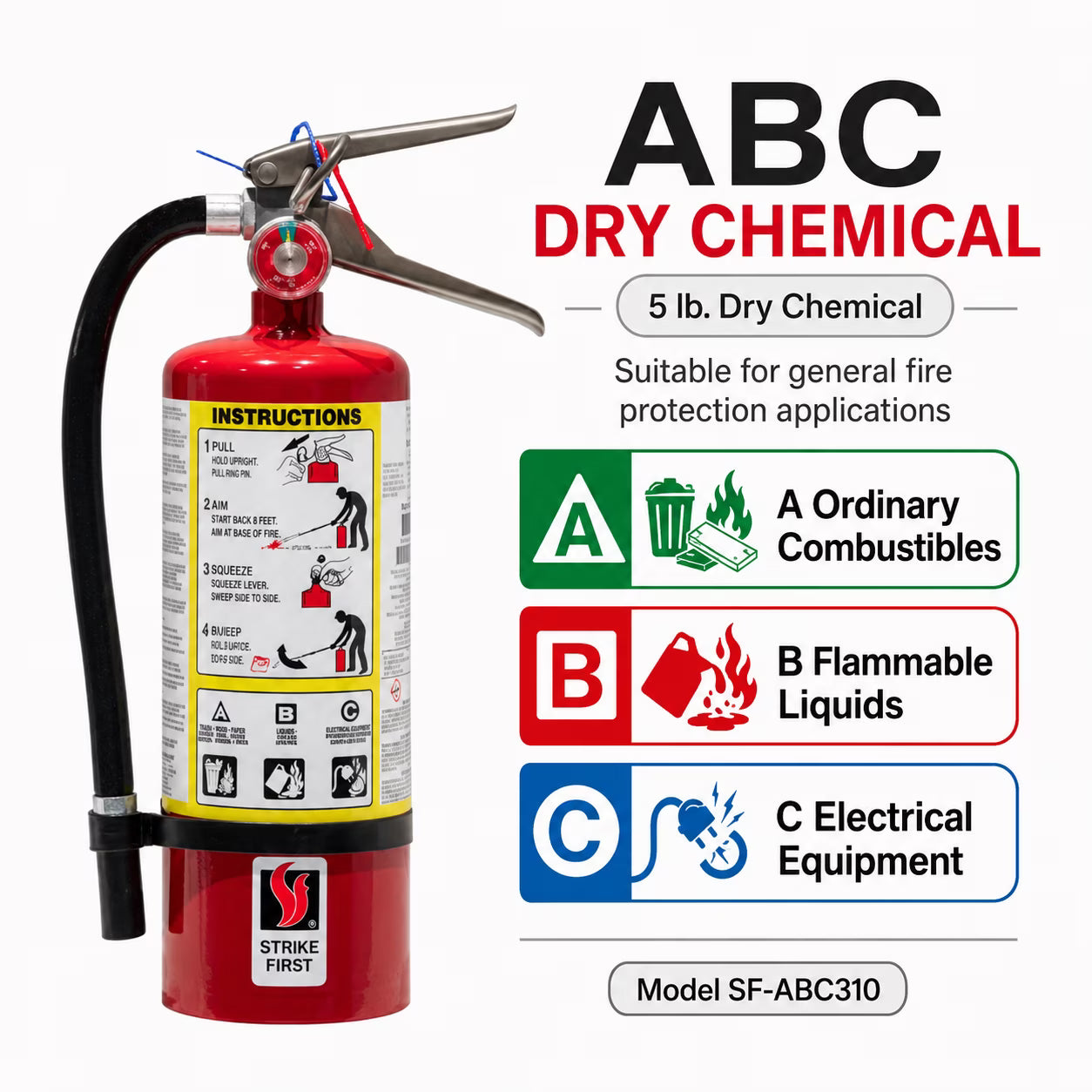 Strike First SF-ABC310 5 lb ABC Fire Extinguisher with Wall Bracket – NFPA 10 Compliant