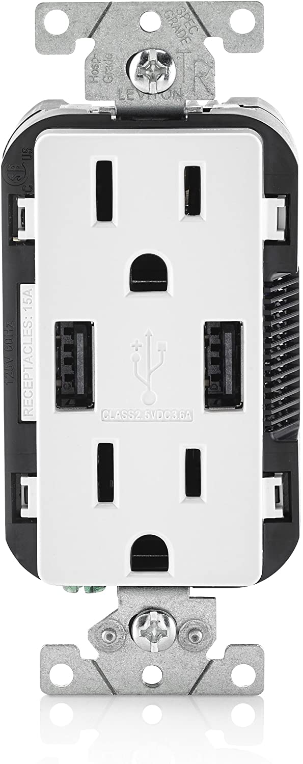 Leviton T5632-W 15-Amp USB Charger/Tamper Resistant Duplex Receptacle, White