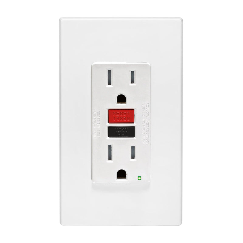 Leviton GFCI Receptacle, Slim Design, Tamper Resistant, with Red and Black Buttons, Model GFTR1760*