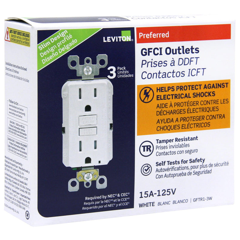 Leviton GFCI Receptacle Tamper Resistant, Slim Design (Pack of 3), Model GFTR1M92