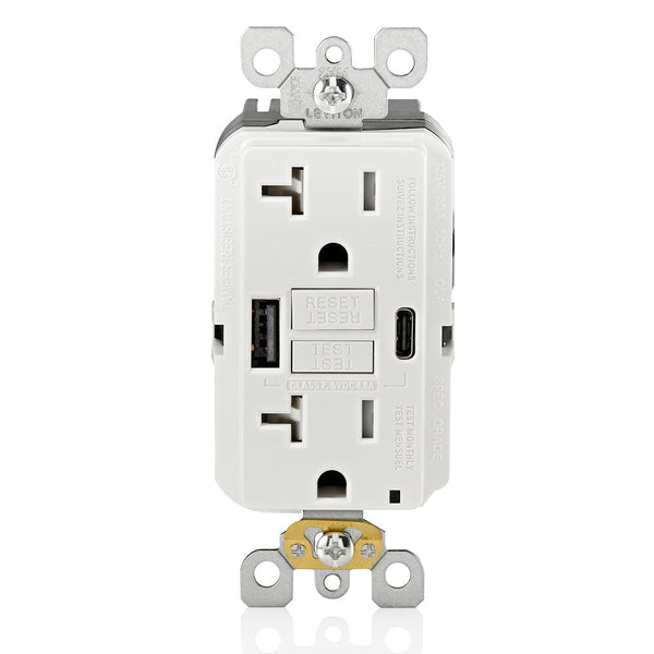 Leviton 20A GFCI Combination Receptacle with Type A/C USB Charger in White, Model GUAC2-W*