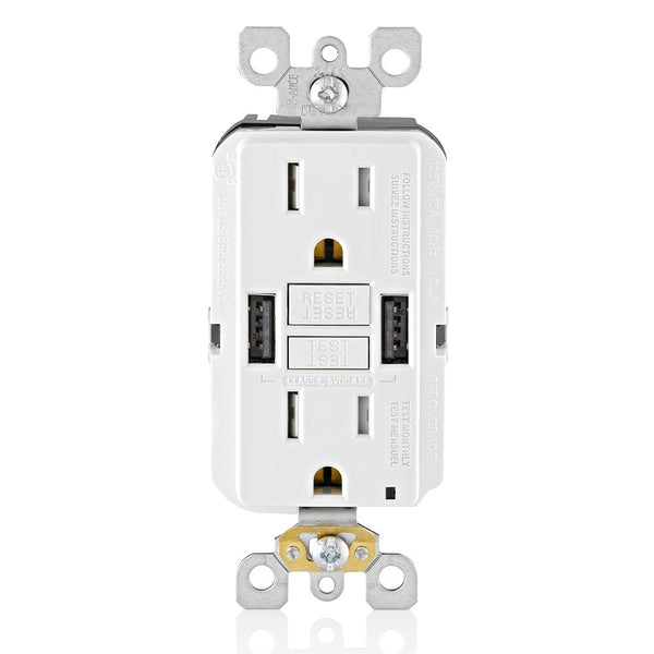 Leviton 15A GFCI Combination Receptacle with Type A USB Charger in White, Model GUSB1-W*