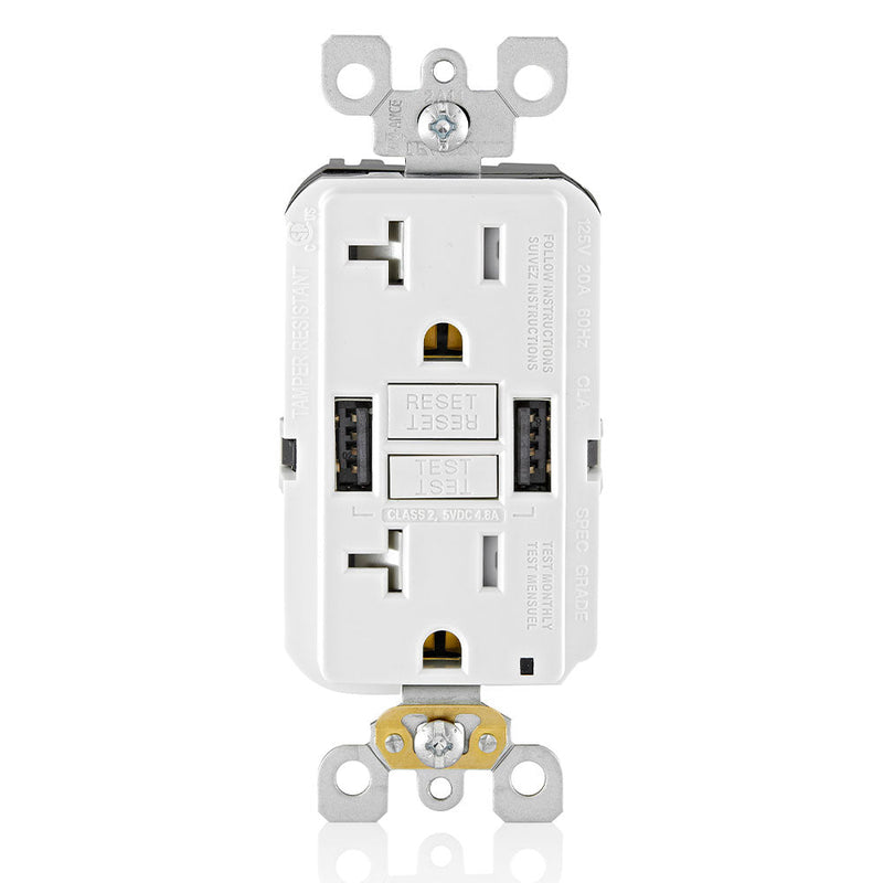 Leviton 20A GFCI Combination Receptacle with Type A USB Charger in White, Model GUSB2-W*